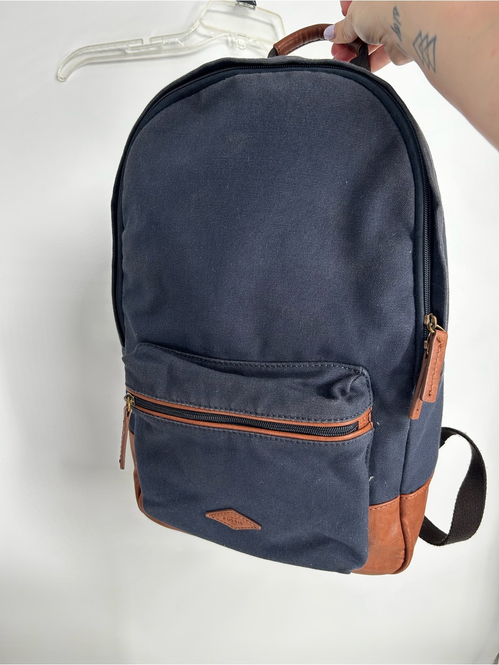 Fossil Backpack Canvas Leather 2 Tone Navy/Brown Pockets School Bag Casual